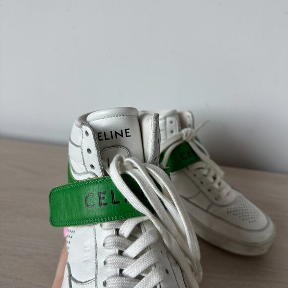 Celine CT-03 High Top Sneakers Sz 37 Optic White & Green Calfskin Leather - Picture 5 of 14